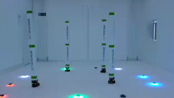10 drones flying amidst obstacles